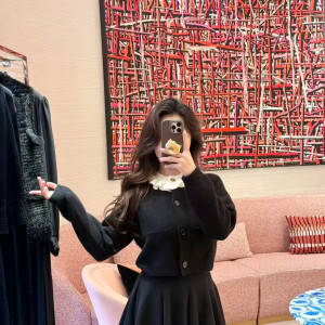 블랙 카디건 플리츠 스커트 세트