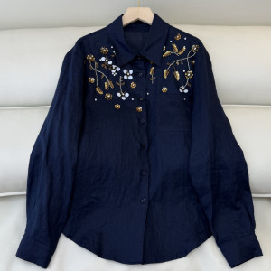 네이비 플라워 자수 셔츠